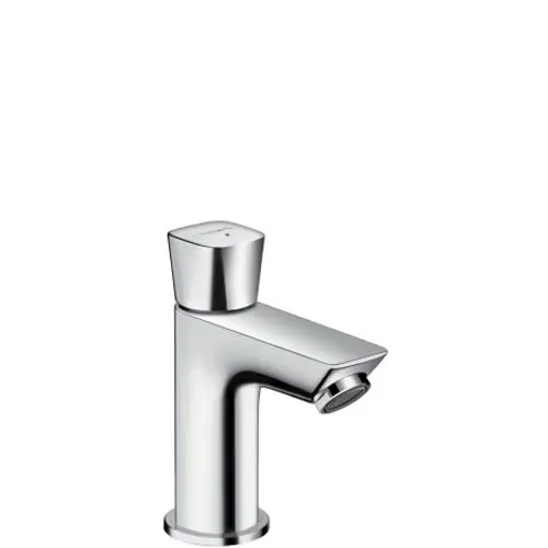 Chromfarbenes Standventil von Hansgrohe mit einem Auslauf für Kaltwasser oder vorgemischtes Wasser, ohne Ablaufgarnitur.